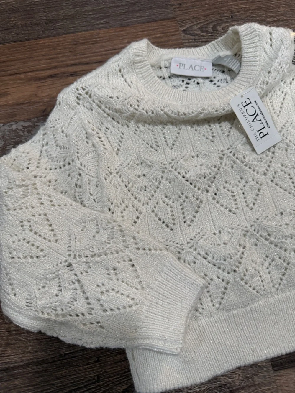 The Children's Place Girls 4 Cream Openwork Glimmer Crewneck Sweater